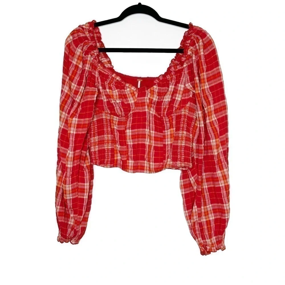Free People Cherry Bomb Madrass Plaid Top Balloon Sleeve Women's Red Size M